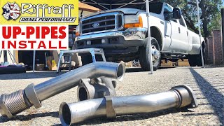 2001 F350 73  RiffRaff UpPipes Install  Stock up pipes leaking and falling apart JUNK SP [upl. by Itsur862]